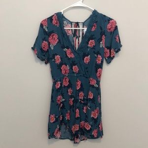 Xhilaration Small Romper Blue with Pink Flowers